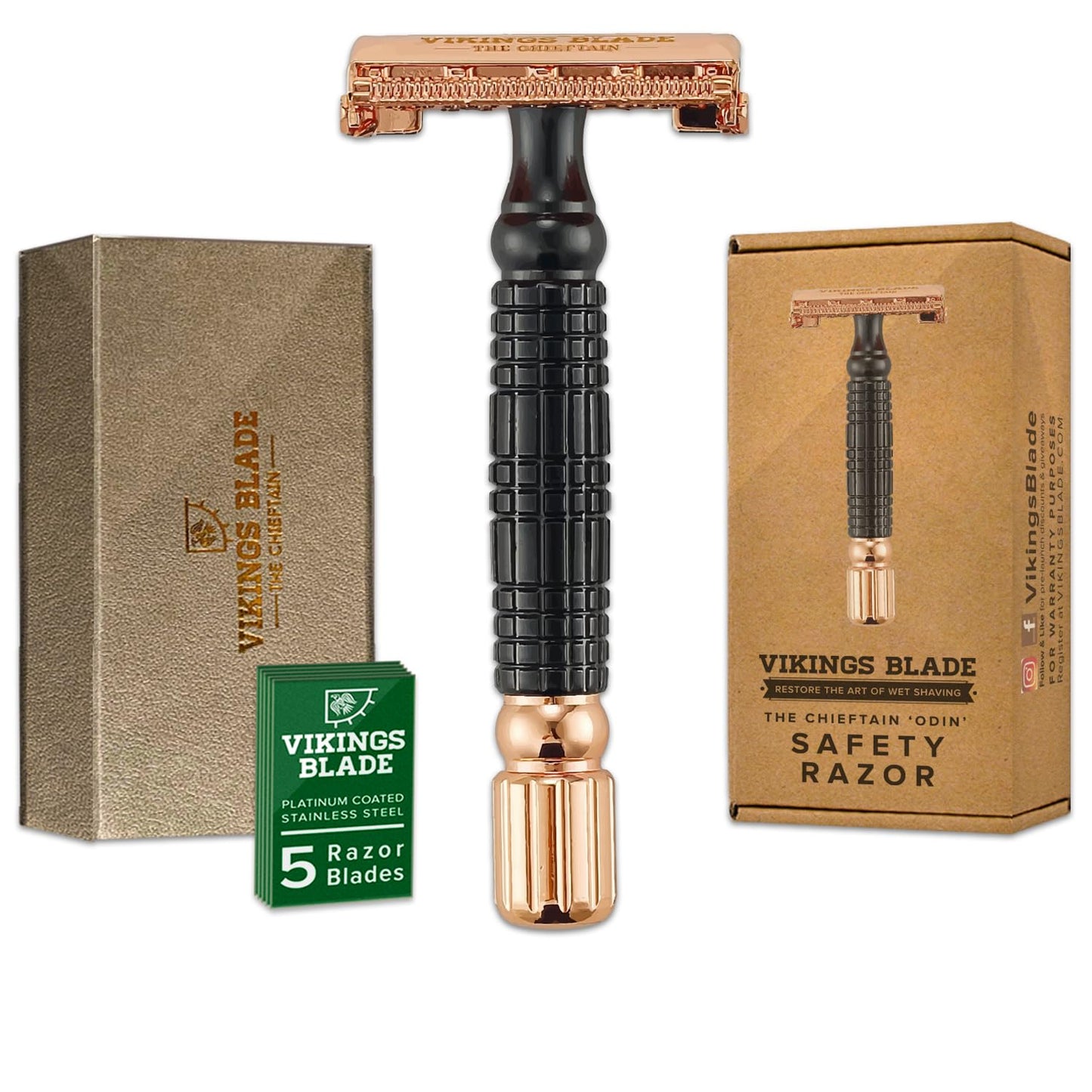 Double Edge Safety Razor for Men + 5 Swedish Steel Blades + Luxury Case. Smooth, Reusable, Eco-Friendly (Chieftain “Odin”)