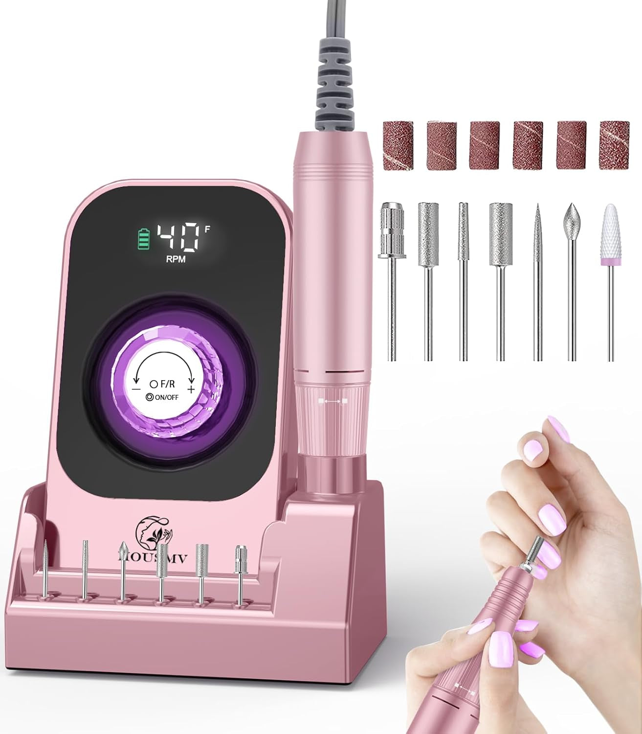 Portable Nail Drill Electric File: 40000RPM Professional Rechargeable Nail E-File Machine, Cordless Nail Drill with Bits & Base for Acrylic Nails Remove Nail Gel Polish Manicure for Salon Home, White