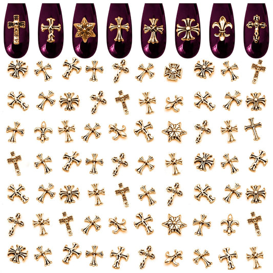 100 Pcs Gold Cross Nail Charms - Gold Charms for Nails Design 3D Nail Charms Gold Nail Charms Y2K Nail Cross Charms Gold Cross Charms for Nails - Nail Jewels for Nail Art Goth Nail Charms Cross