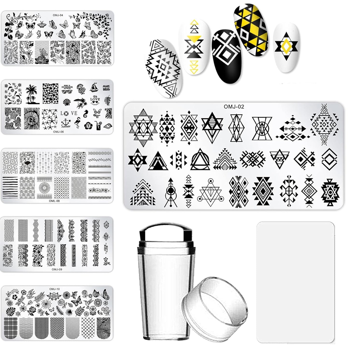 Nail Art Stamper Kit 6Pcs Flower Heart Leaf Lace Butterfly Stamping Plate Template with Silicone Nail Stamper and Scraper for Women Girls DIY Fingernail Manicure Stencils Tools