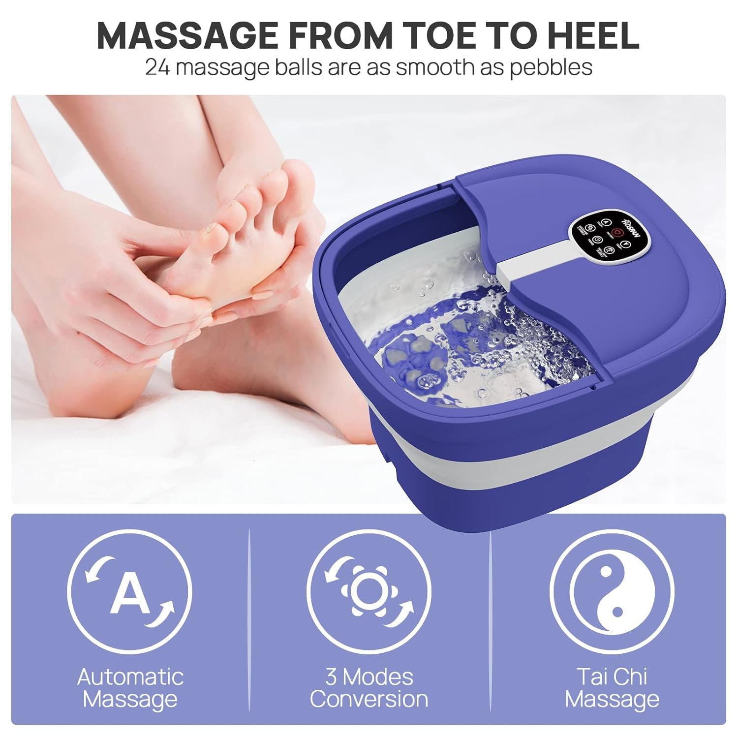 Collapsible Foot Spa Electric Rotary Massage, Foot Bath with Heat, Bubble, Remote, and 24 Motorized Shiatsu Massage Balls. Pedicure Foot Spa for Feet Stress Relief - FS02A