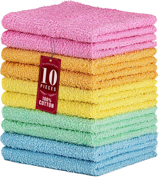 10 Pack 100% Cotton Wash Cloth, Luxurious Soft, 12 X 12 Inch Ultra Absorbent, Machine Washable Washcloths, Assorted Colors (10 Pack)