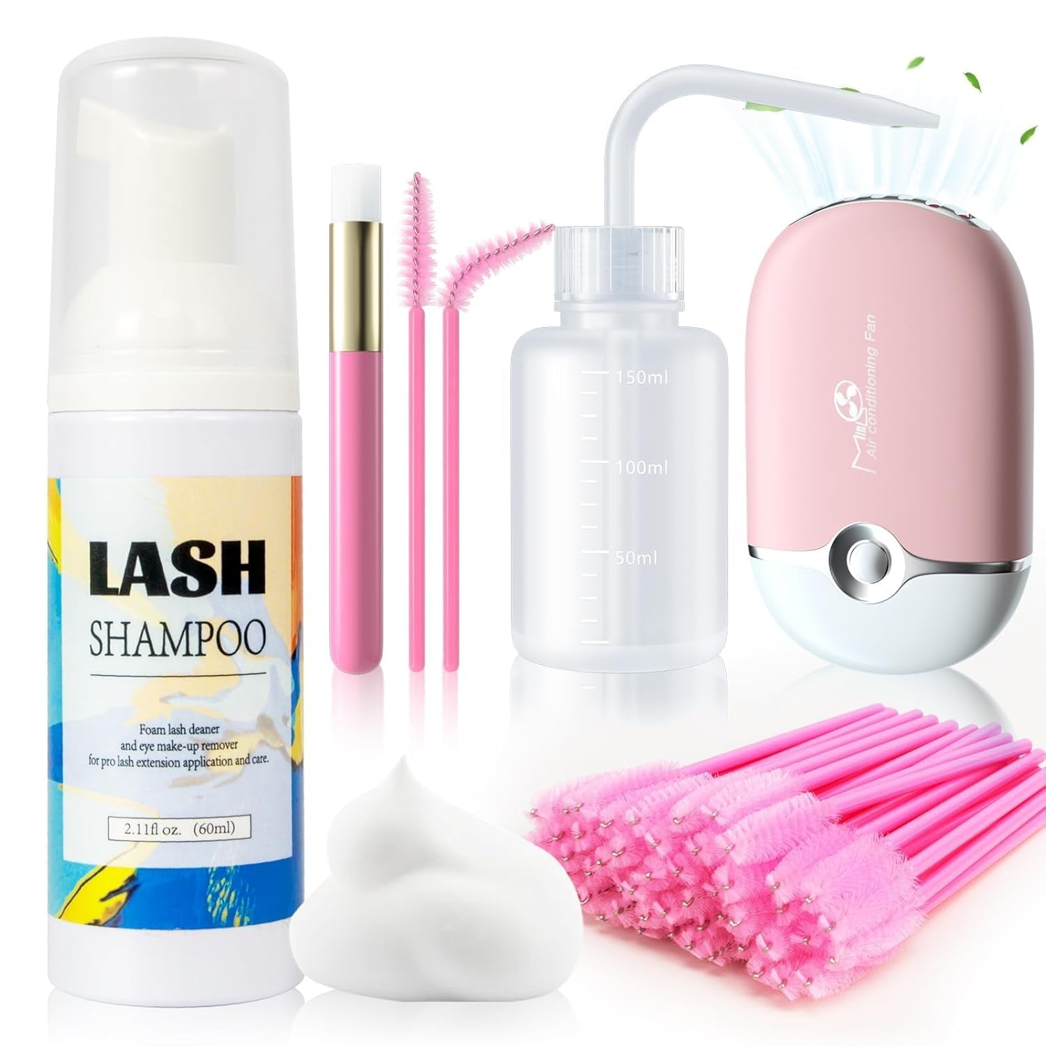 Lash Shampoo for Lash Extensions - 60ML Lash Extension Cleanser with Lash Fan Cleaning Brush Rinse Bottle and 50 Pcs Mascara Brush, Rich Foam Lash Wash for Eyelash Extension Home Use(Pink)