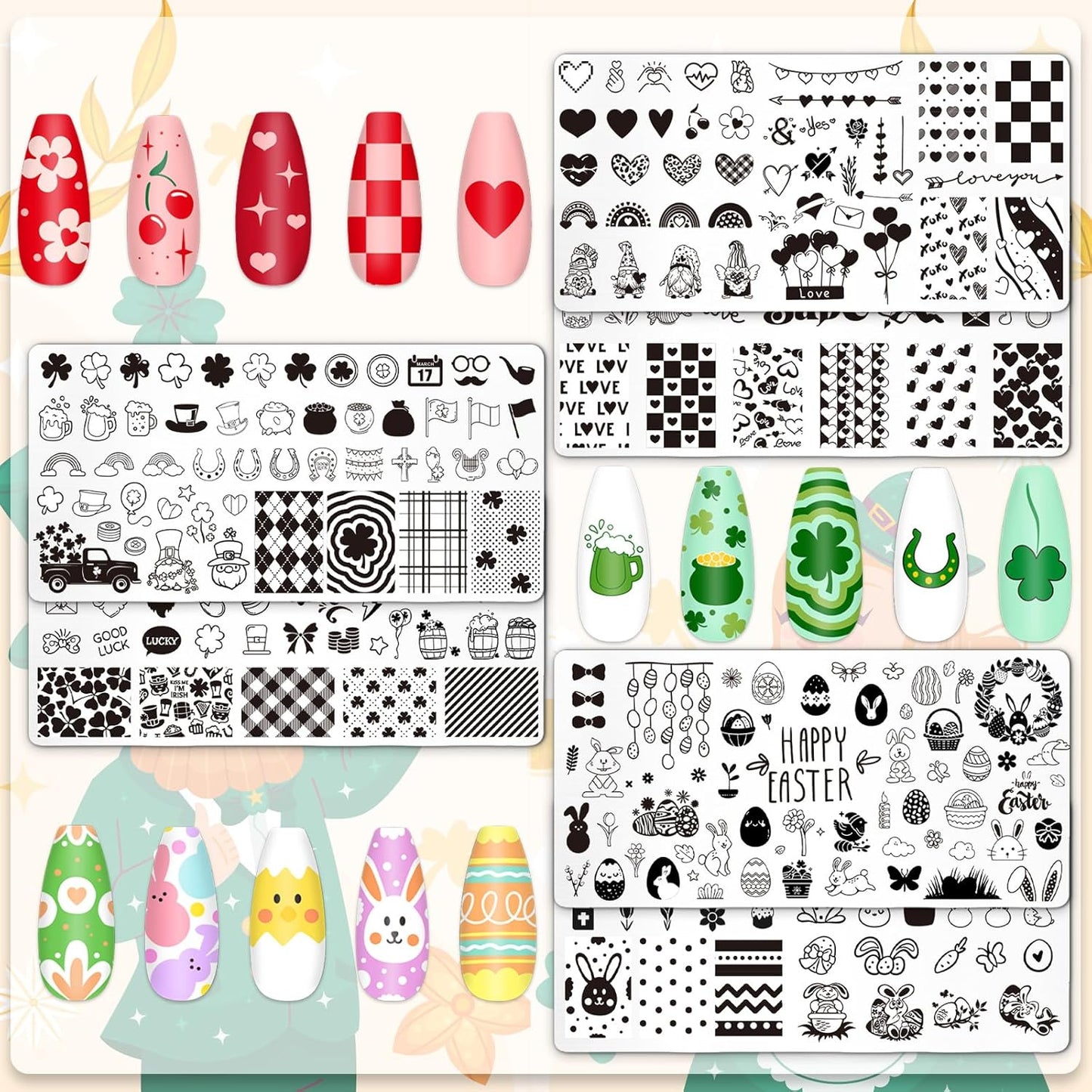 6Pcs Valentine'S Day St. Patrick'S Day Easter Nail Plates Stamping Set Heart Shamrock Egg Stamp Templates Nail Art Plates for DIY Print Manicure Salon Design