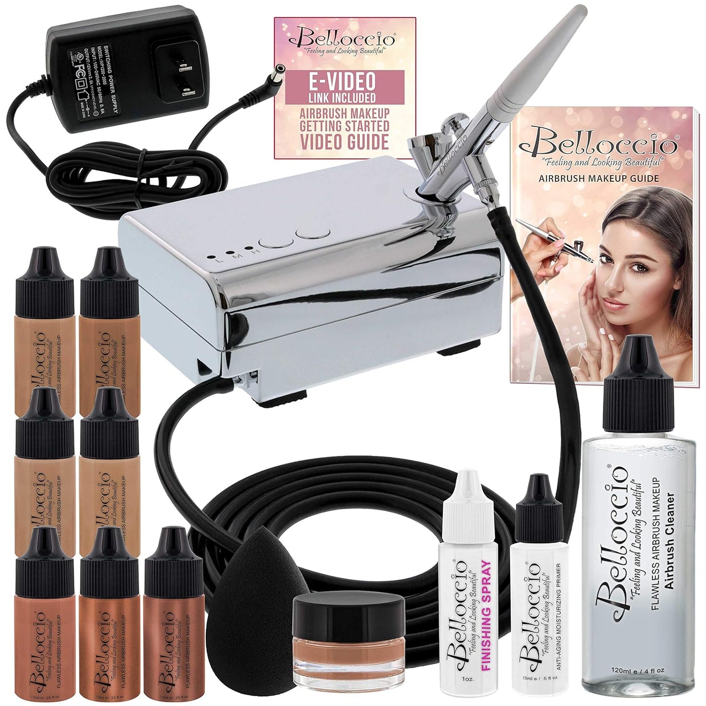 Professional Beauty Airbrush Cosmetic Makeup System with 4 Medium Shades of Foundation in 1/4 Ounce Bottles - Kit Includes Blush, Bronzer and Highlighters