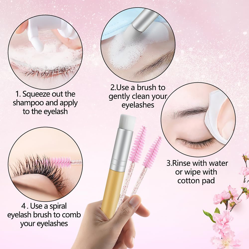 Lash Shampoo Kit for Eyelash Extension, Eyelash Shampoo 2 Fl.Oz / 60Ml, Eyelash Extension Cleanser, Lash Eyelid Foam Cleaning Kit for Salon Use and Home Use (Peach)