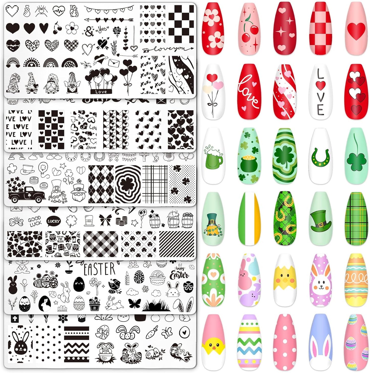 6Pcs Valentine'S Day St. Patrick'S Day Easter Nail Plates Stamping Set Heart Shamrock Egg Stamp Templates Nail Art Plates for DIY Print Manicure Salon Design