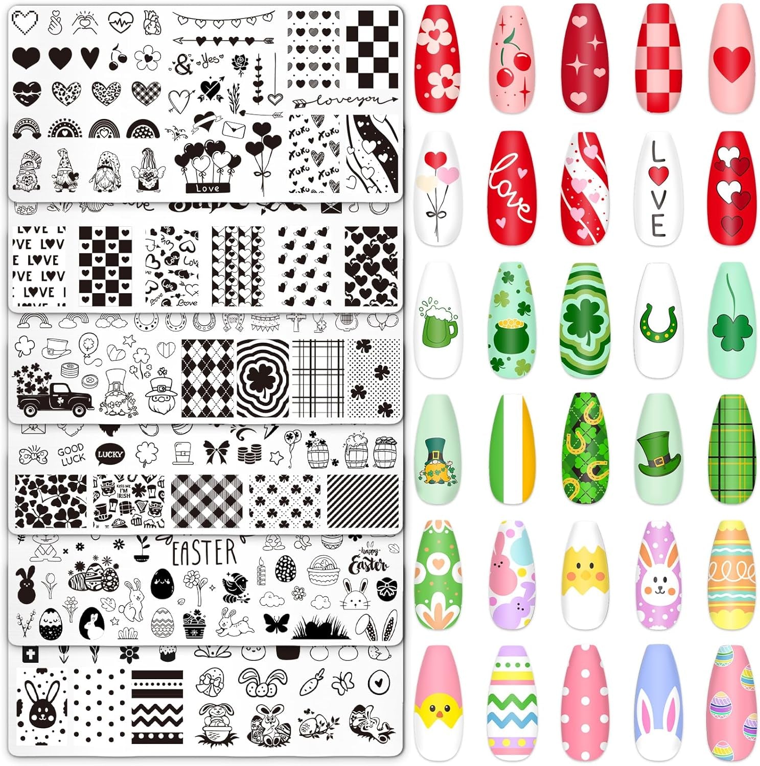 6Pcs Valentine'S Day St. Patrick'S Day Easter Nail Plates Stamping Set Heart Shamrock Egg Stamp Templates Nail Art Plates for DIY Print Manicure Salon Design