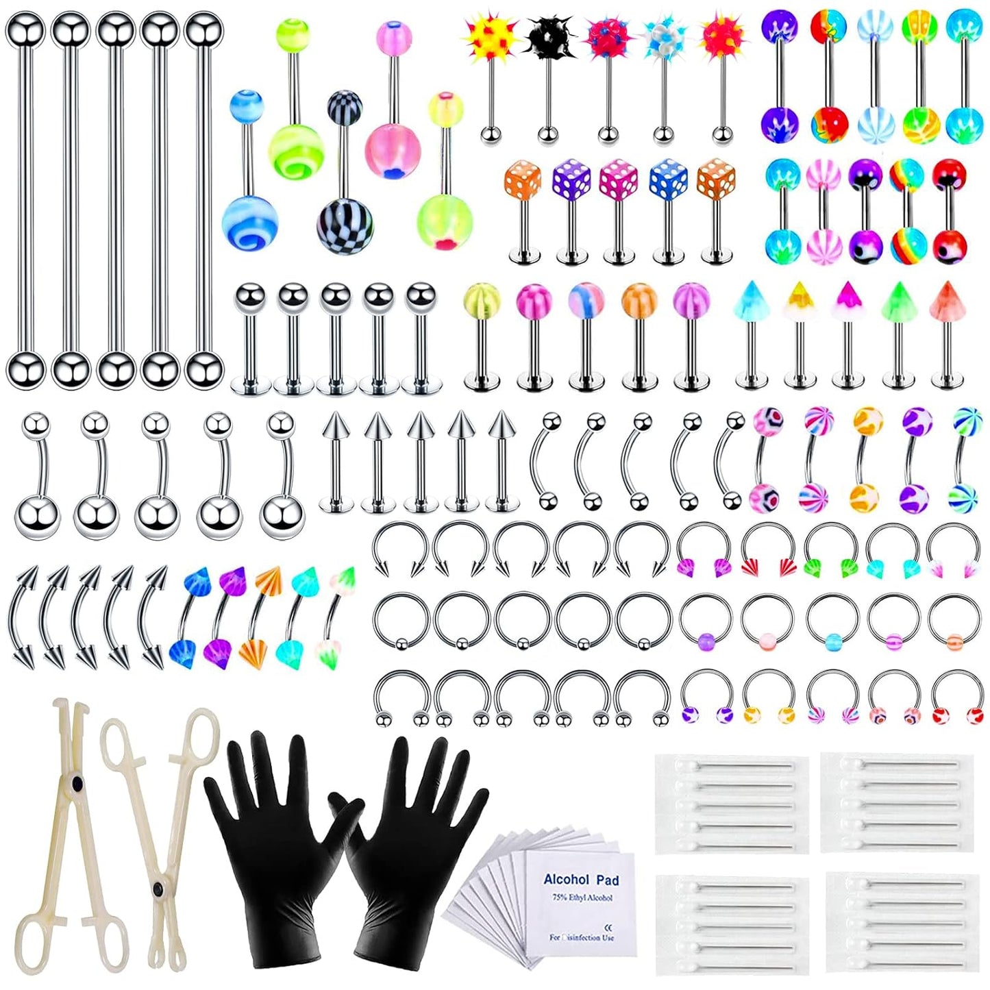 94PCS Mixed-Pack Piercing Kits for All Body Piercings Stainless Steel 14G 16G 20G Jewelry and Needle with Tools Nose Septum Lip Ear Belly Button Cartilage Tragus