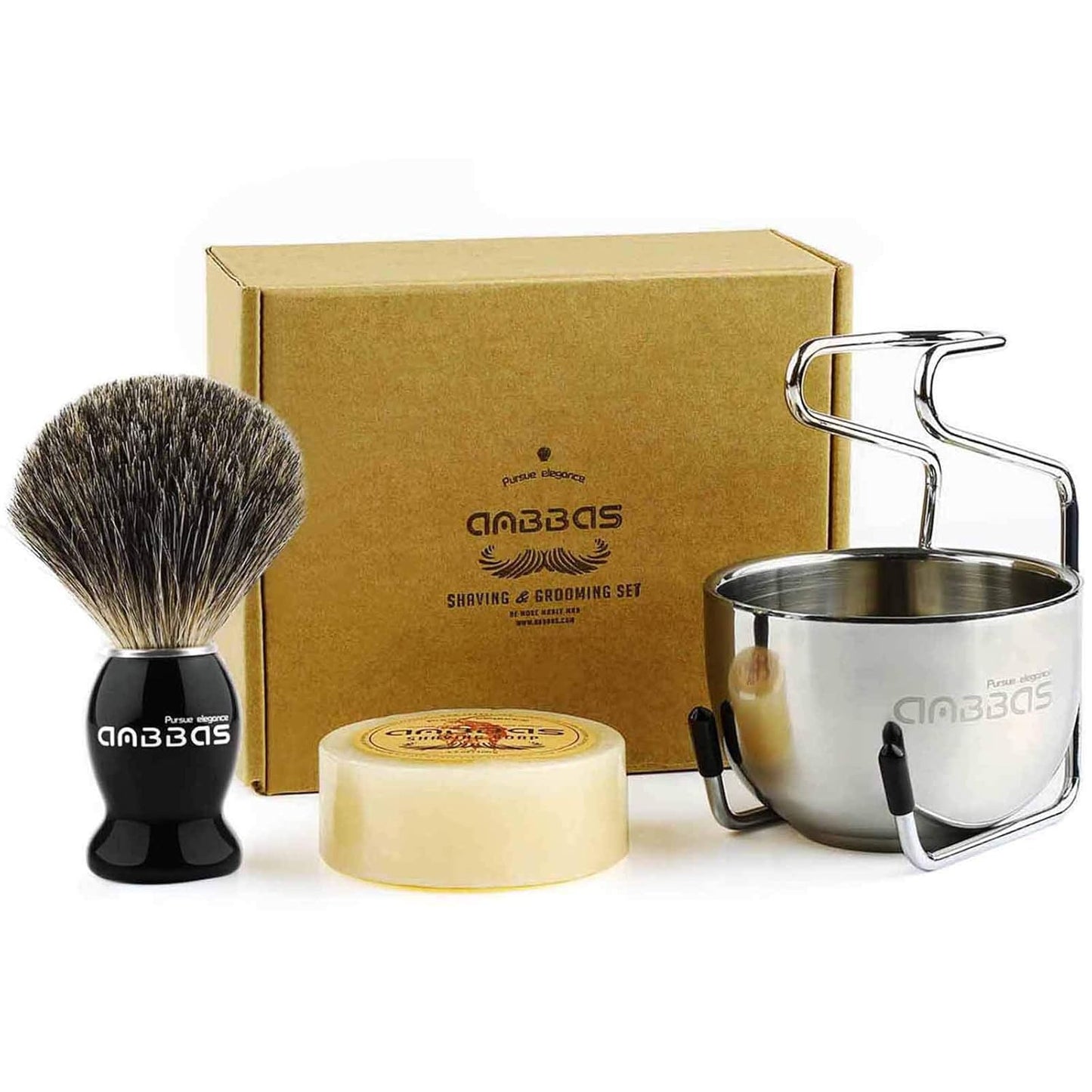 Pure Badger Hair Shaving Brush Solid Wood Handle with Goat Milk Shaving Soap 100G,Stainless Steel Shaving Stand and 2 Layers Shaving Bowl Kit Perfect for Men Gift