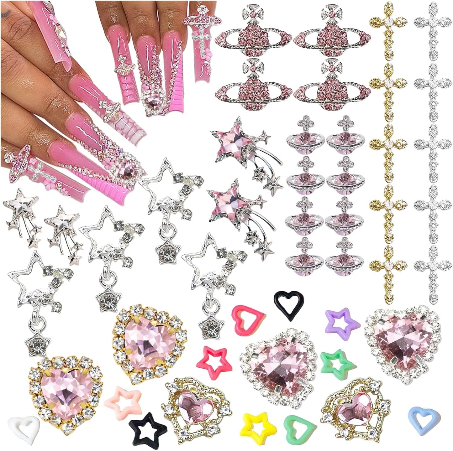 110PCS Star Nail Charms for Acrylic Nails,Silver Star Planet Cross Alloy Nail Art Decoration, Nail Stones Nail Jewels Accessories for Nail Art Supplies Manicure Craft DIY