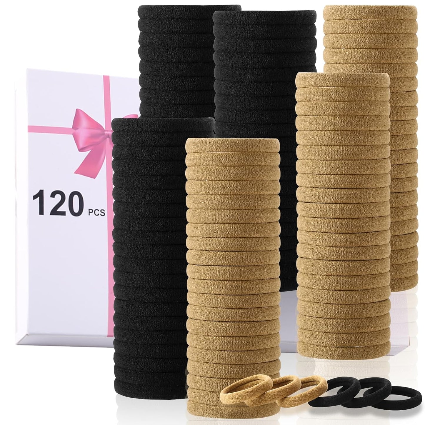 120 Pcs Black No Damage Hair Ties for Women Thick Hair, Large Soft Seamless Nylon Cloth Fabric Elastic Hair Ties Ponytail Holders Hair Elastics Hair Band,Perfect Valentine'S Day Gift for Women