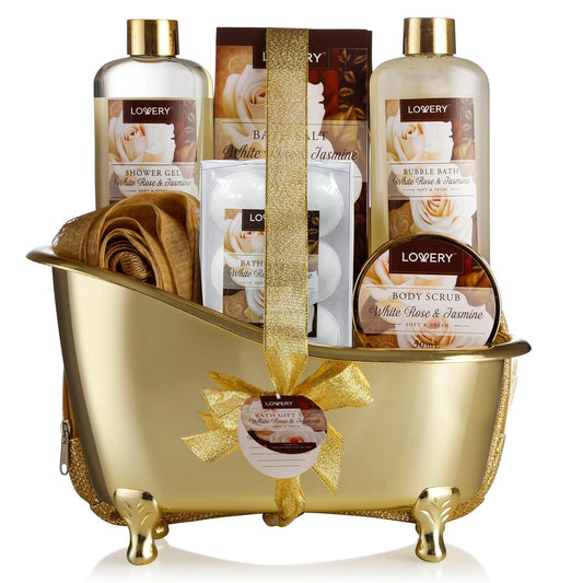 Valentines Day Gifts Home Spa Gift Basket, Luxury 13Pc Bath & Body Set Men & Women, White Rose & Jasmine Scent - Shower Gel, Bubble Bath, Body Scrub, Salts, 6 Bath Bombs, Pouf, Cosmetic Bag & Gold Tub