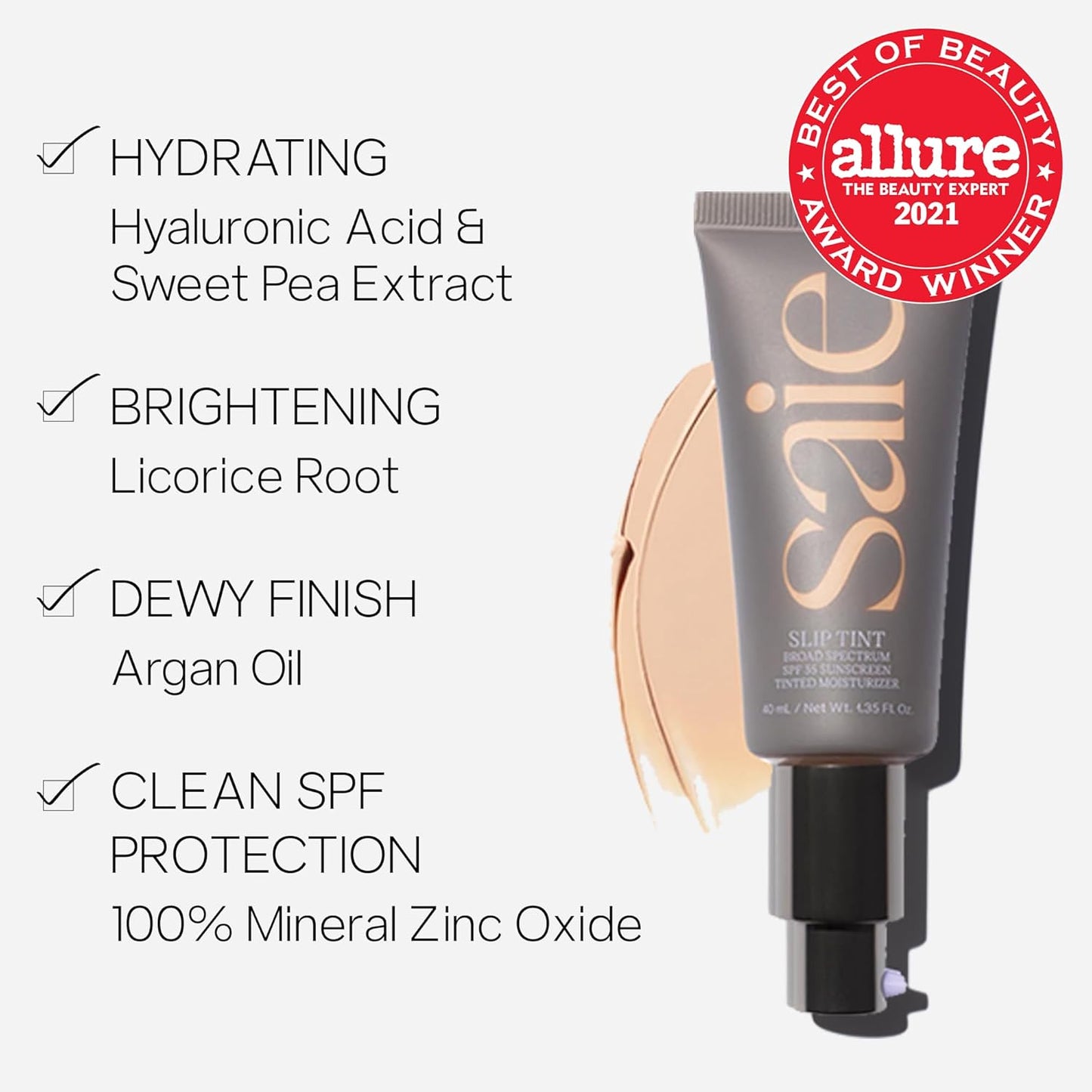 Slip Tint SPF 35 Tinted Moisturizer - Light Coverage Moisturizer + Broad Spectrum Zinc Oxide Sunscreen with Hydrating Hyaluronic Acid - Shade Three (1.35 Oz)