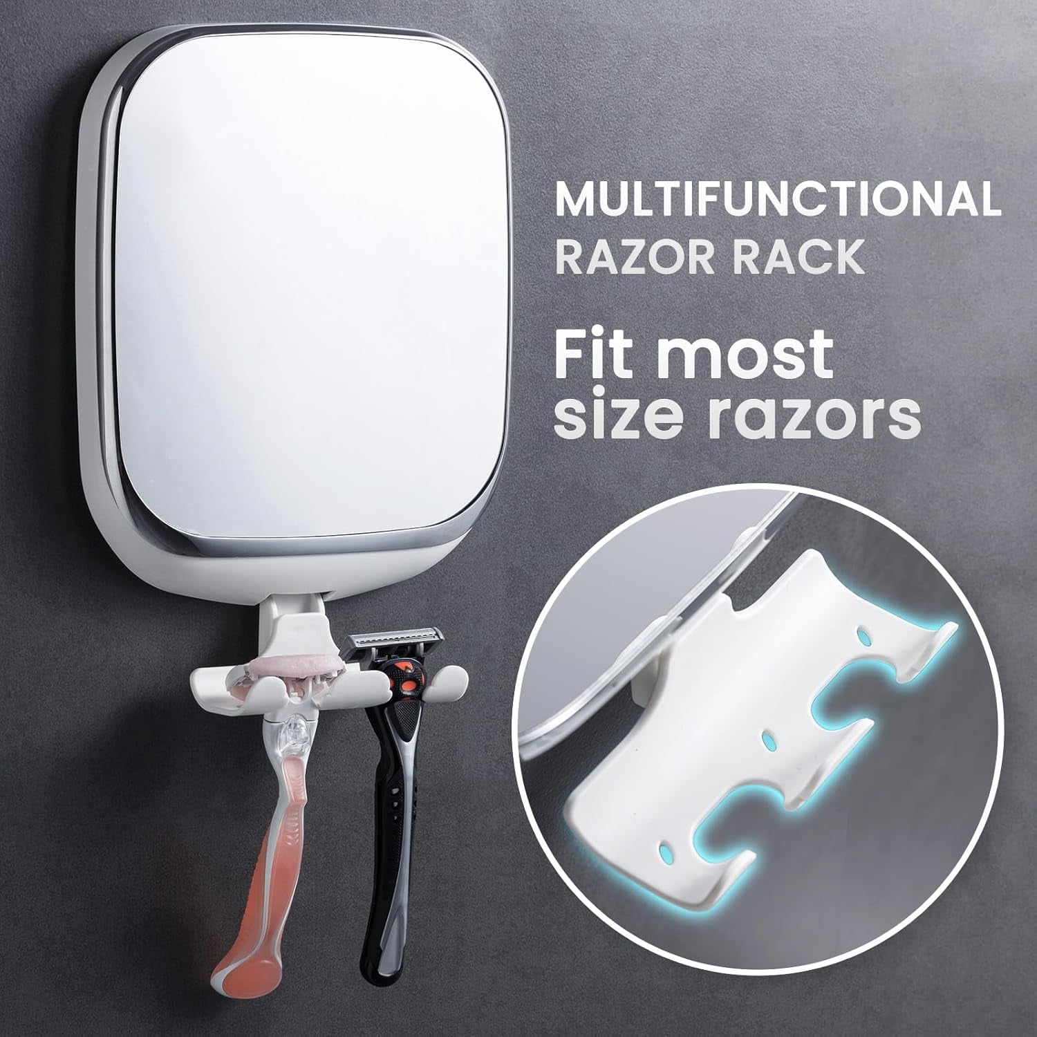 Shower Mirror Fogless for Shaving, anti Fog Shaving Mirror with Razor Holder No-Drilling,Removable,Shatterproof & Waterproof,Wall Mounted Bathroom Accessories with Powerful Suction(White)