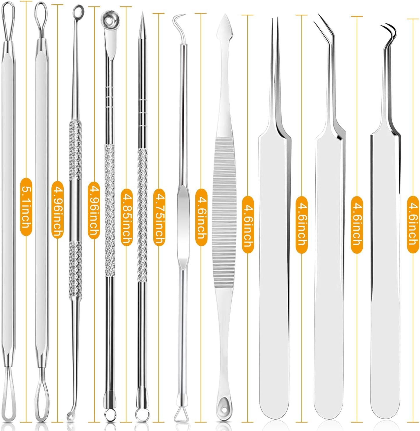 Pimple Popper Tool Kit -  10 Pcs Blackhead Remover Comedone Extractor Kit with Metal Case for Quick and Easy Removal of Pimples, Blackheads, Zit Removing, Forehead,Facial and Nose(Silver)