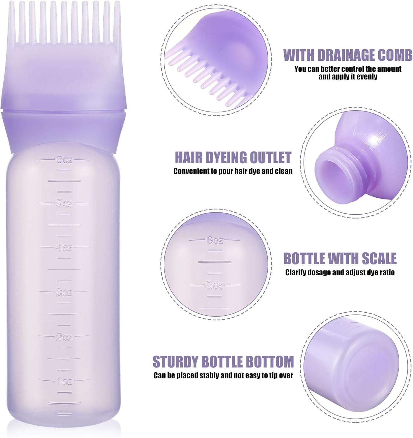 Root Comb Applicator Bottle 6 Ounce, Oil Applicator for Hair Dye, Hair Oiling Bottle Brush with Graduated Scale, Purple