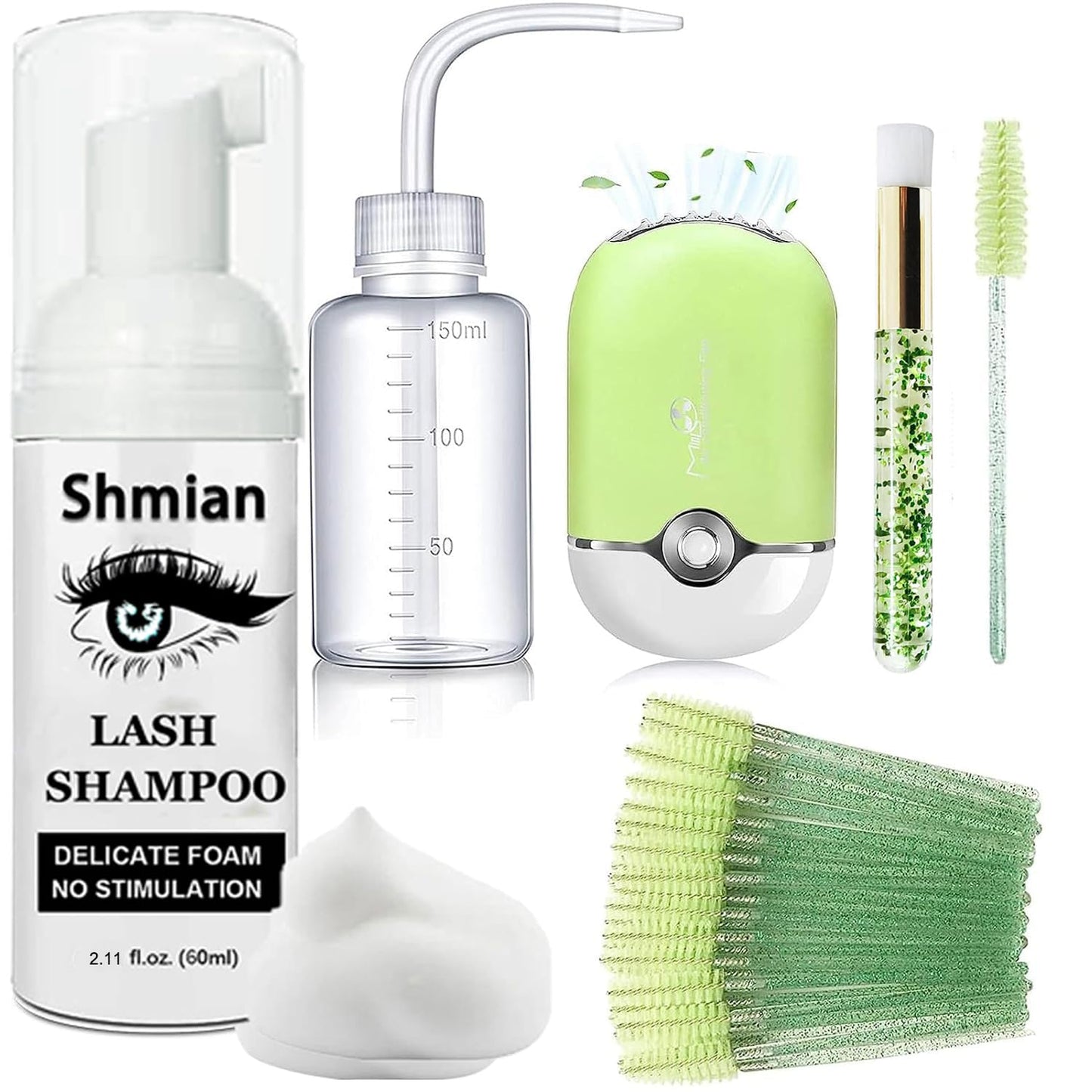 Lash Shampoo for Lash Extensions, Lash Fan with 50Ml Eyelash Foam Cleanser and 50 Pcs Eyelash Brush and Rinse Bottle Oil Free/Sulfate Free Eyelash Wash Remover for Eyelash Extension Wash, Black