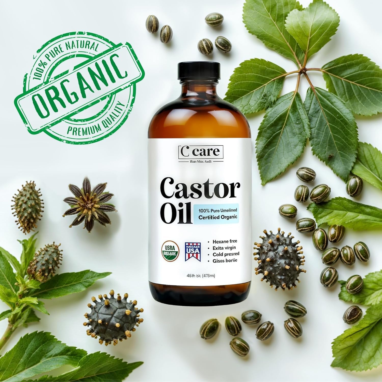 Castor Oil Organic Cold Pressed Unrefined Glass Bottle USDA Certified 100% Pure Organic Castor Oil Hexane Free Extra Virgin for Hair Growth Eyebrows Eyelashes Skin Use with Castor Oil Pack Wrap