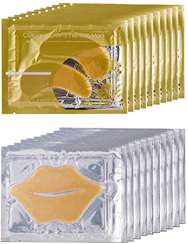 10 Pairs Collagen Crystal Eye Mask and 10 Pcs Collagen Crystal Lip Mask, anti Aging Eye and Lip Mask, Collagen Crystal Mask Set (Gold)