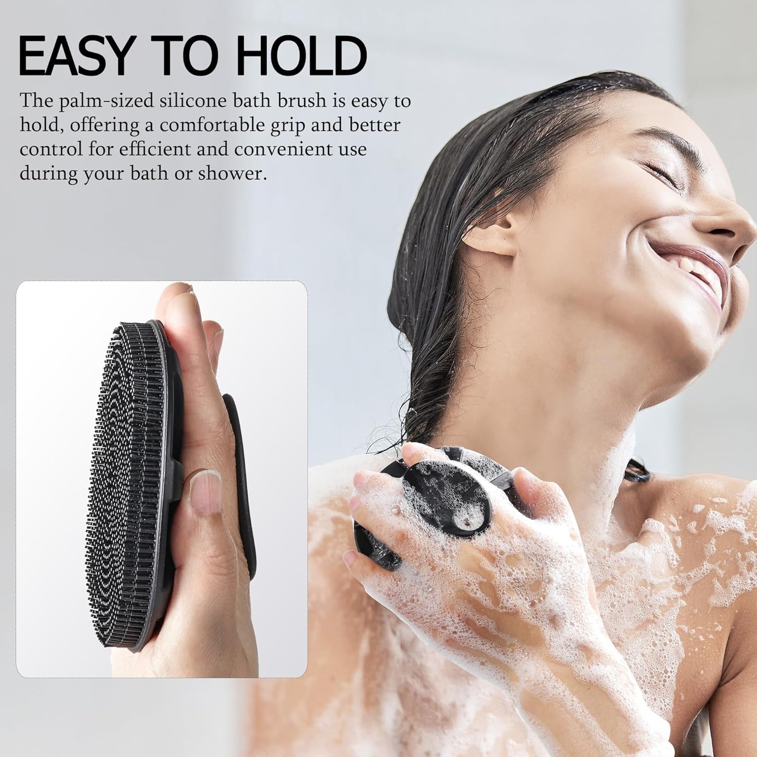 Food-Grade Soft Silicone Body Scrubber Shower Brush Handheld Cleansing Skin Brush, Gentle Exfoliating and Lather Well (Black)