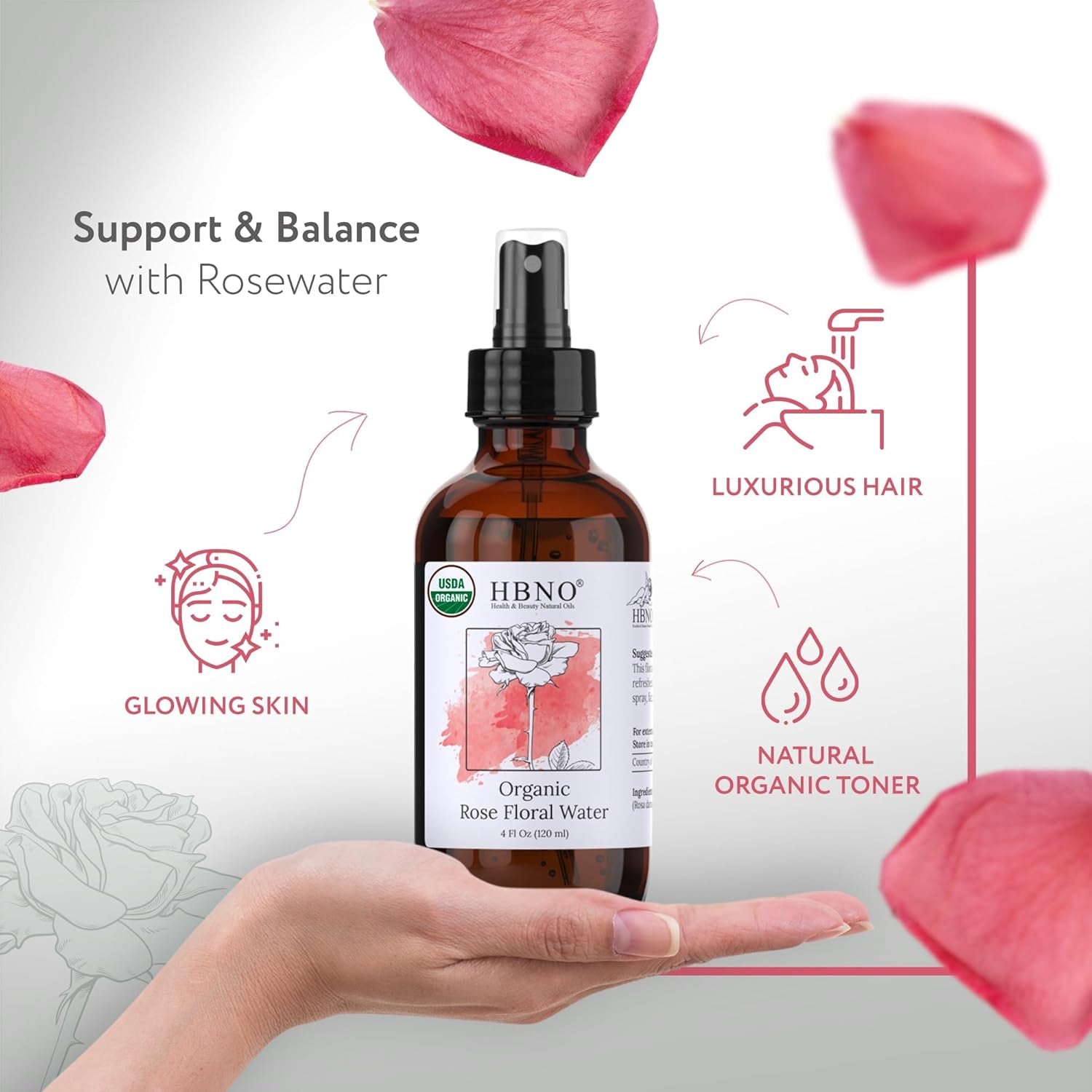 California Bottled Organic Rose Water for Face 4 Fl Oz (120Ml) - USDA Certified Organic Rose Water Spray for Face - Pure Rose Water for Hair - Rosewater Face Mist, Rose Water Spray for Cleansing