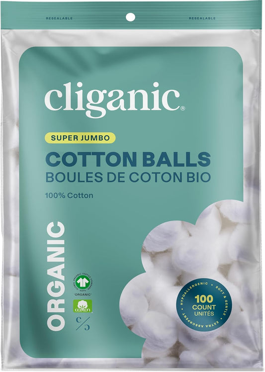 Organic Super Jumbo Cotton Balls (100 Count) - Hypoallergenic, Absorbent, Large Size, 100% Pure (Packaging May Vary)