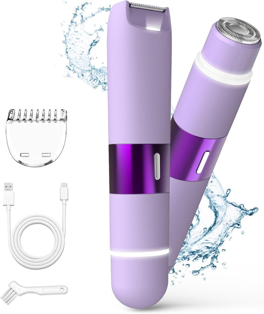 Bikini Trimmer for Women, Dual Head Electric Razors, Pubic Hair Trimmer with IPX7 Waterproof & Easy Cleaning, Rechargeable Painless Silk Glide Pro Shaver for Underarm Leg Arm Body Face, Purple