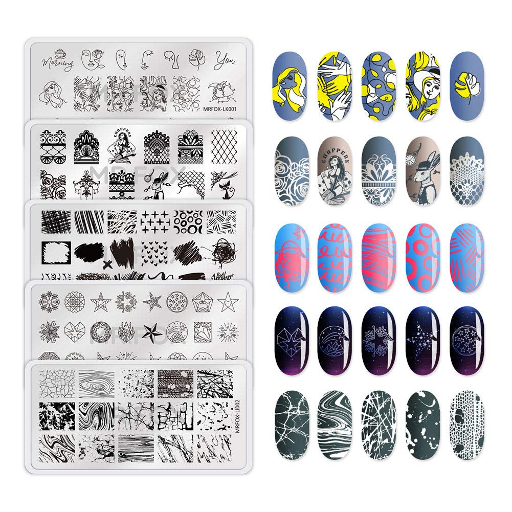 MRFOX 5 Pcs Nail Plates Stamping Set Marbled Punk Spider Web Heart Star Theme Leaf Nail Art DIY Stamping Template