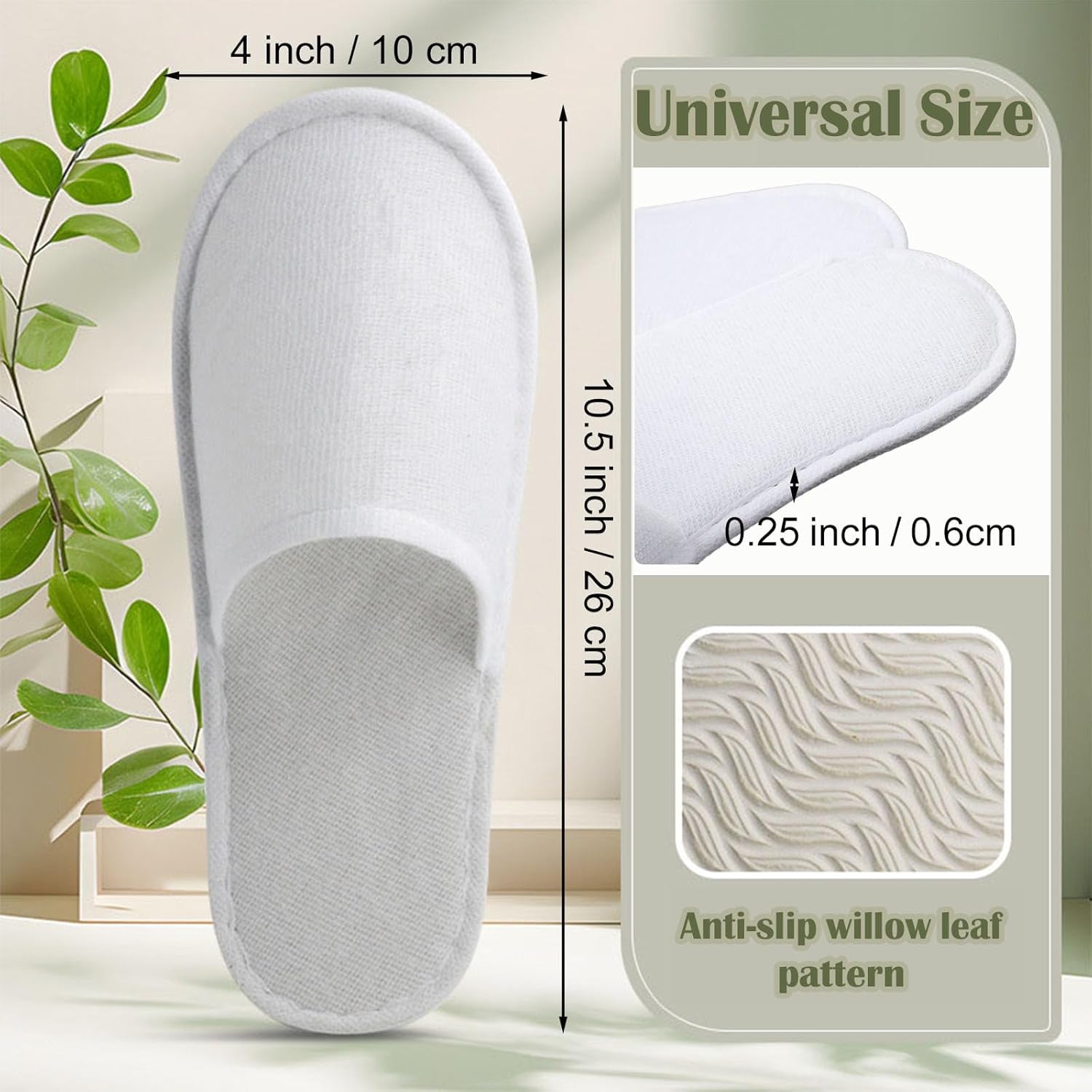 30 Pairs 10.5 Inch Disposable Slippers for Guests, White Spa Slippers Bulk House Slippers Non Slip Closed Toe Travel Slippers for Hotel Guests Women Men, Medium