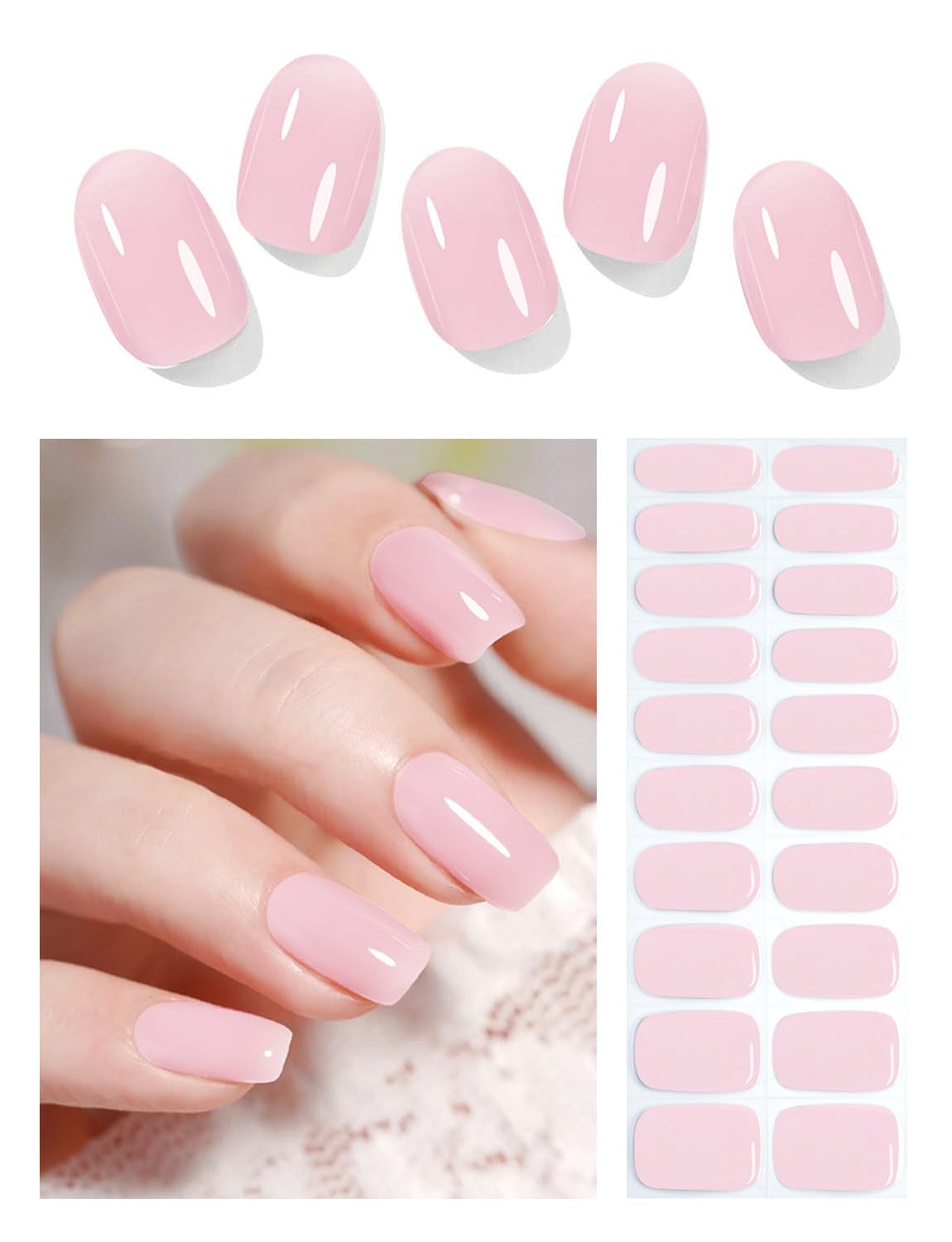 Semi Cured Gel Nail Strips, 20Pcs French Gradient Gel Nail Stickers Work with UV, Easy to Use and Remove