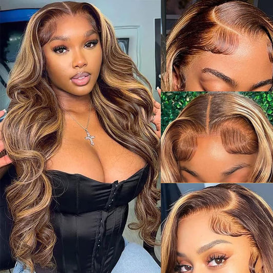 Highlight Ombre 13X6 Lace Front Wig Human Hair 28 Inch Body Wave Honey Blonde Glueless HD Transparent Lace Frontal Wigs for Women 180 Density Human Hair Pre Plucked with Baby Hair