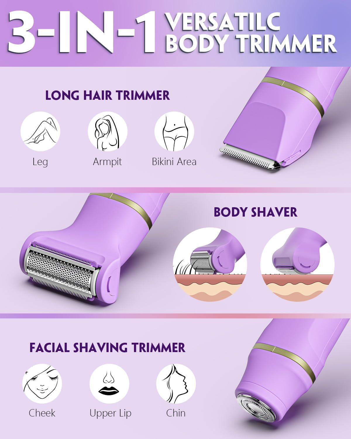 Bikini Trimmer for Women, 3 in 1 Electric Razors for Women, IPX7 Waterproof Wet Dry Body Shaver Pubic Hair Trimmer Facial Hair Remover with Ceramic Blade USB Recharge Dock Gift for Women