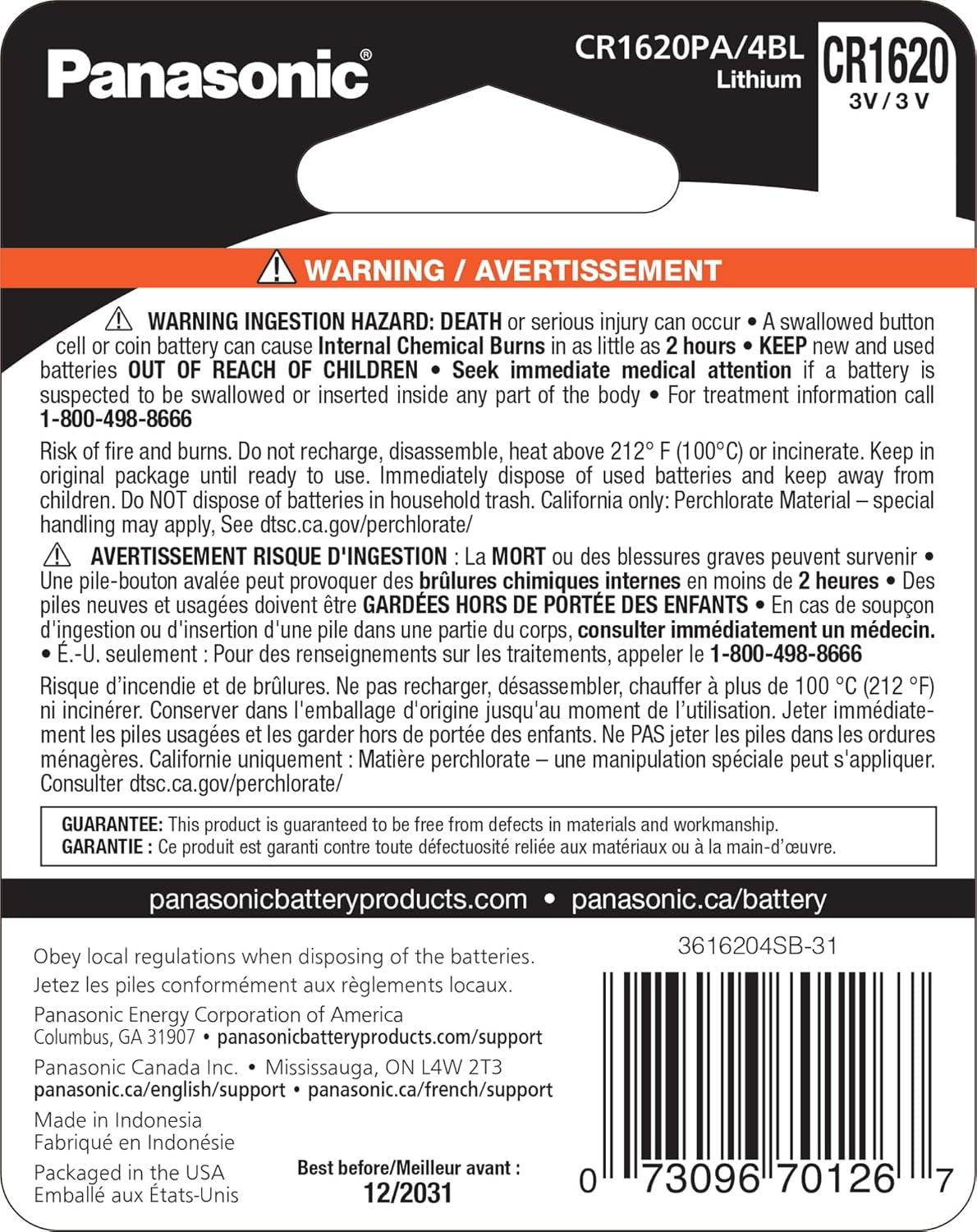 CR1620 3.0 Volt Long Lasting Lithium Coin Cell Batteries in Child Resistant, Standards Based Packaging, 4-Battery Pack