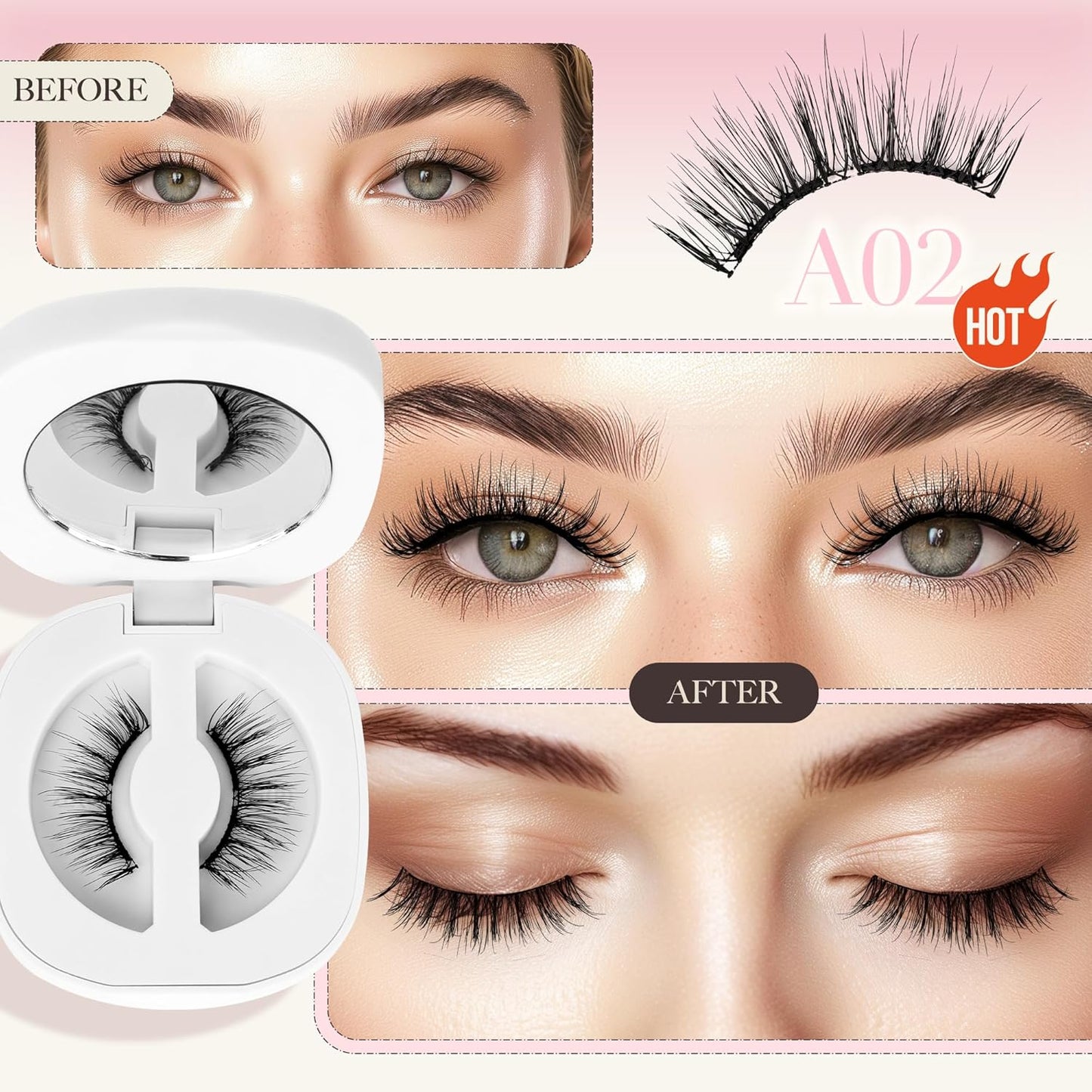 Upgrade Magnetic Eyelashes with Applicator Reusable Soft Magnetic Eyelashes Natural Look No Glue Needed Magnetic Eyelashes Magnetic Lashes Kit Easy to Wear and Remove(A02)