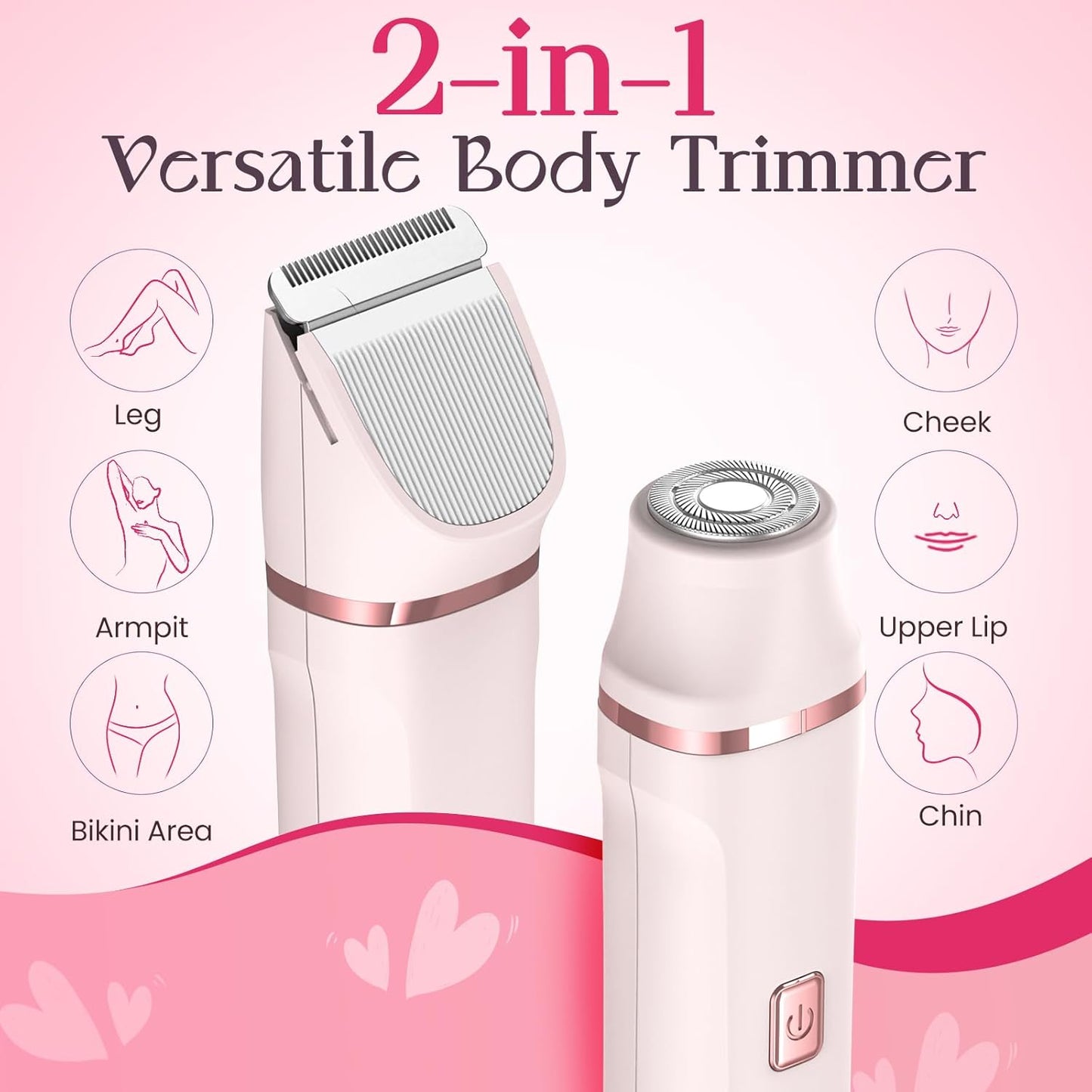 Bikini Trimmer for Women - Painless Electric Razors for Silk Skin,Cordless Body Shaver for Trip,Replaceable Lady Facial Razor, IPX7 Waterproof&Easy Cleaning, Ceramic Blade, USB Charge Dock Pink