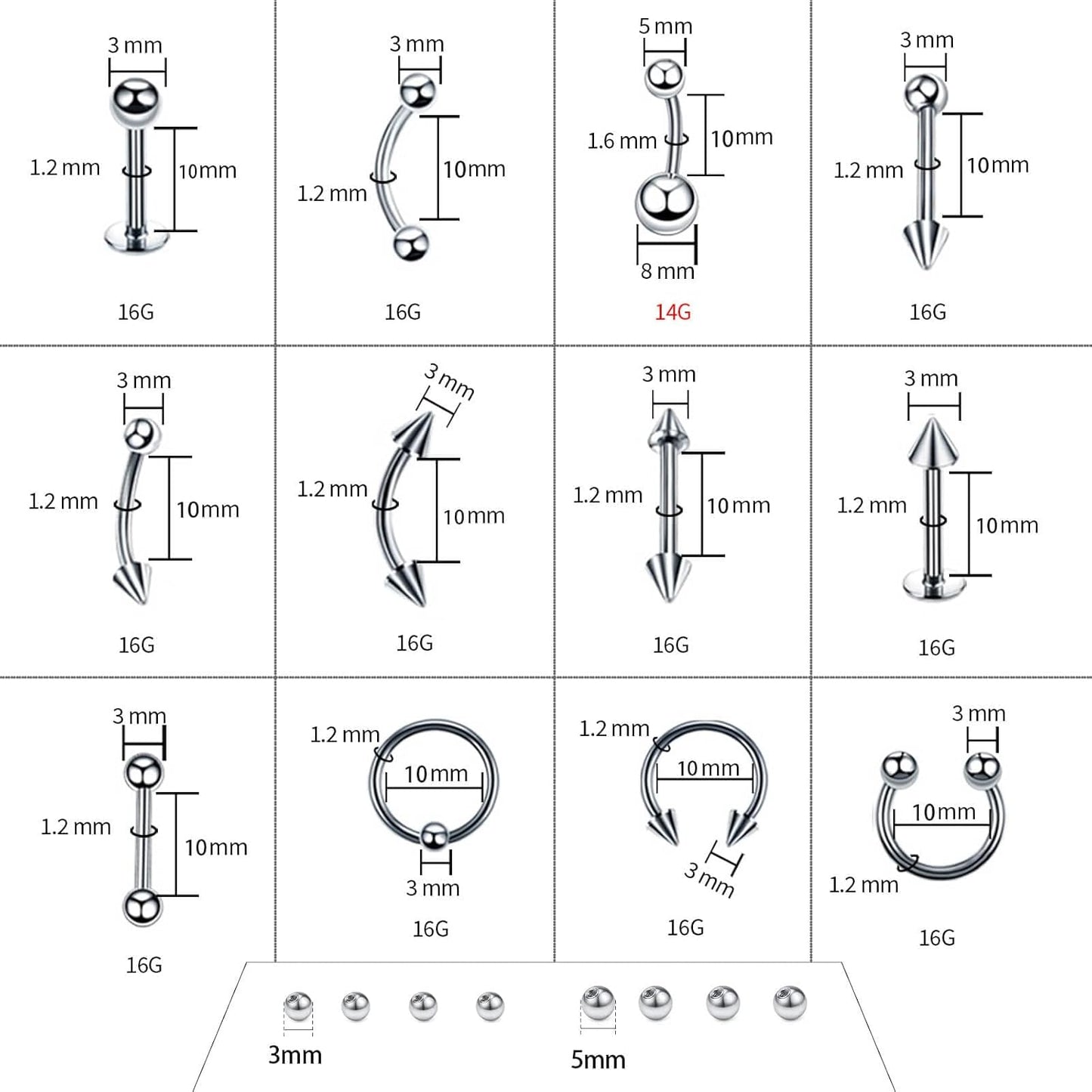 84 & 98 & 120 PCS Body Septum Piercing Kit 14G 16G Tools for Nose Tongue Lip Ear Eyebrow Belly Button Cartilage Tragus Industrial Barbell Helix Daith Piercing Jewelry Clamps