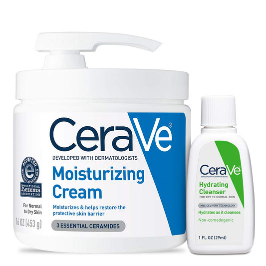 Moisturizing Cream Combo Pack, Contains 16 Ounce with Pump & 1 Ounce Hydrating Facial Cleanser, Dry Skin Relief