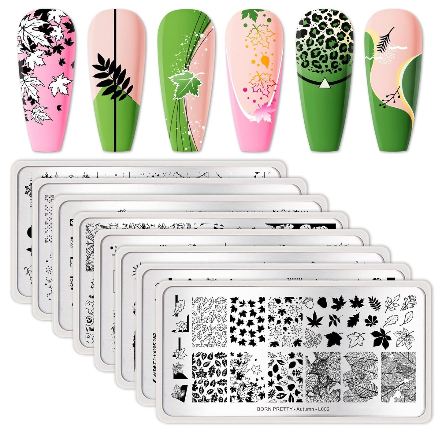 Nail Stamping Plates Set Plaid Flowers Leaves Lace Nail Art Image Plates Spring into Winter Stamp Templates Kit Image Manicuring DIY Printing Tools 8PCS