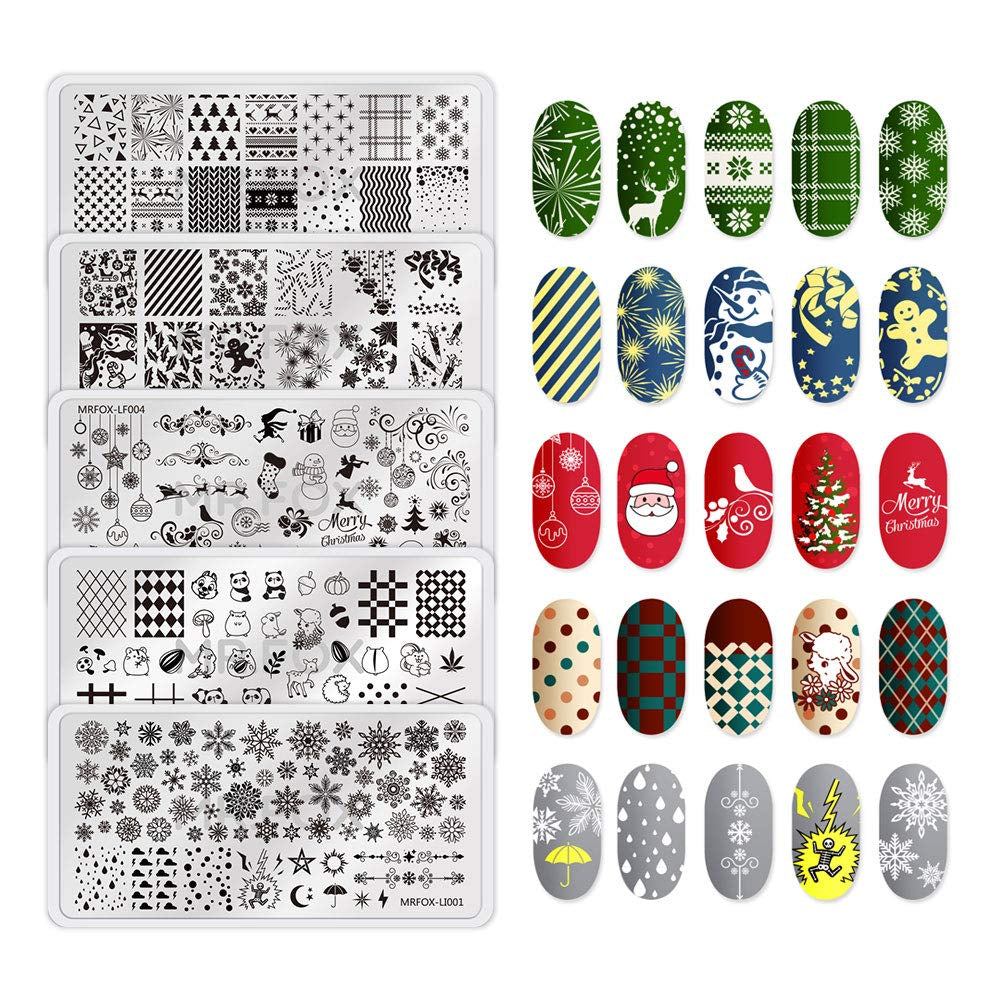 MRFOX 5 Pcs Nail Plates Stamping Set Marbled Punk Spider Web Heart Star Theme Leaf Nail Art DIY Stamping Template