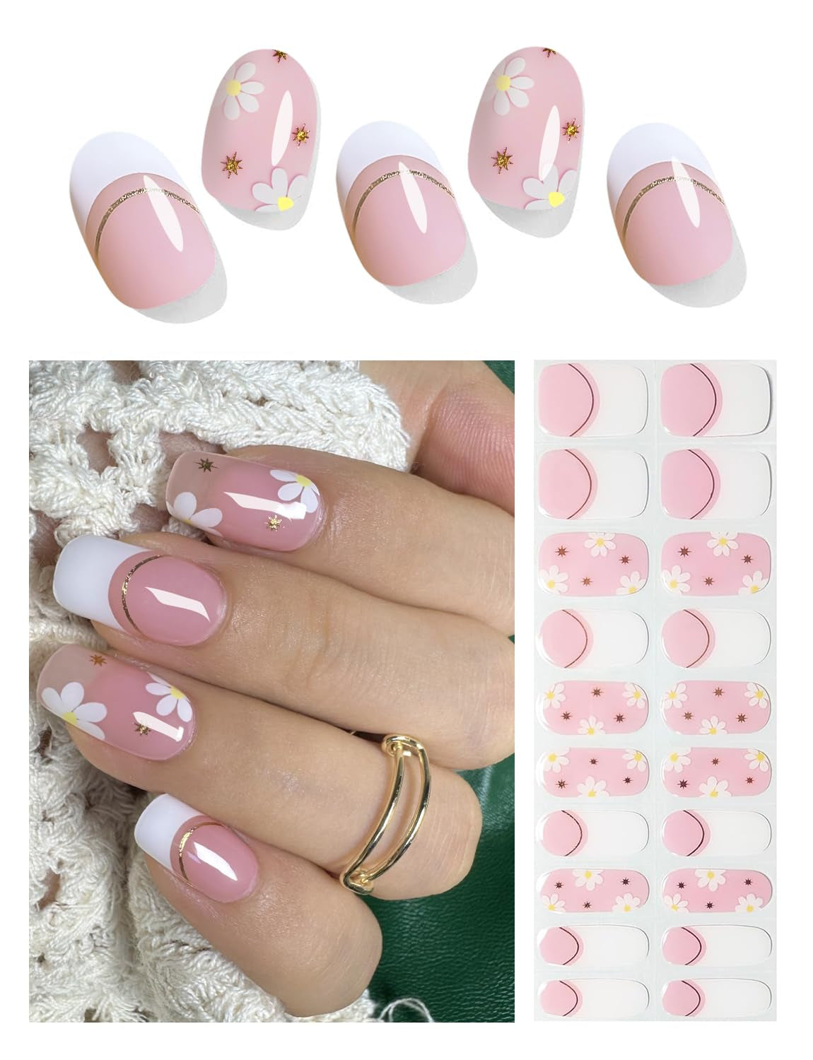 Semi Cured Gel Nail Strips, 20Pcs French Gradient Gel Nail Stickers Work with UV, Easy to Use and Remove