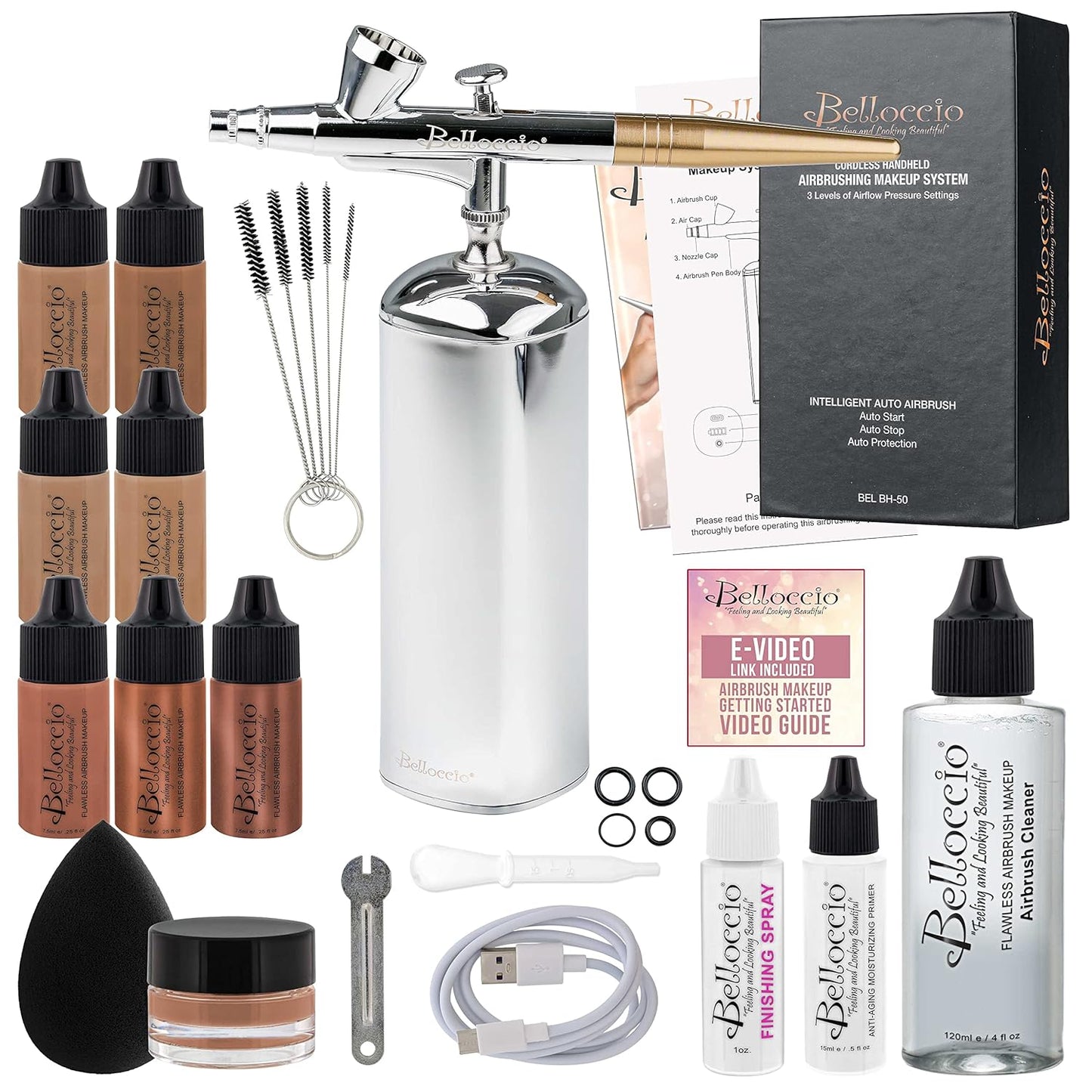 Professional Beauty Airbrush Cosmetic Makeup System with 4 Medium Shades of Foundation in 1/4 Ounce Bottles - Kit Includes Blush, Bronzer and Highlighters