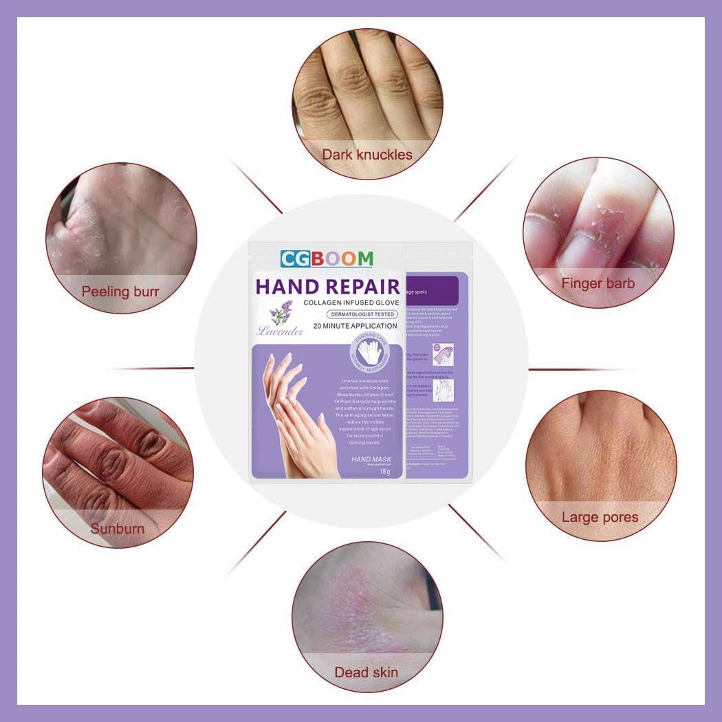 5 Pairs Hand Masks Moisturizing Gloves, Hand Skin Repair Renew Mask Infused Collagen, Vitamins + Natural Plant Extracts for Dry, Aging, Cracked Hands (Lavender)