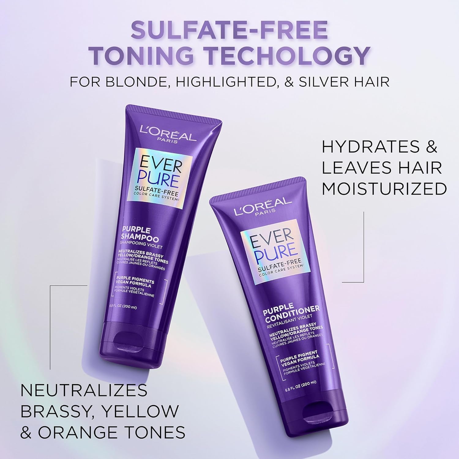 L’Oreal Paris Everpure Sulfate Free Brass Toning Purple Shampoo and Conditioner Set for Blonde, Bleached, Silver, or Brown Highlighted Hair, 1 Kit