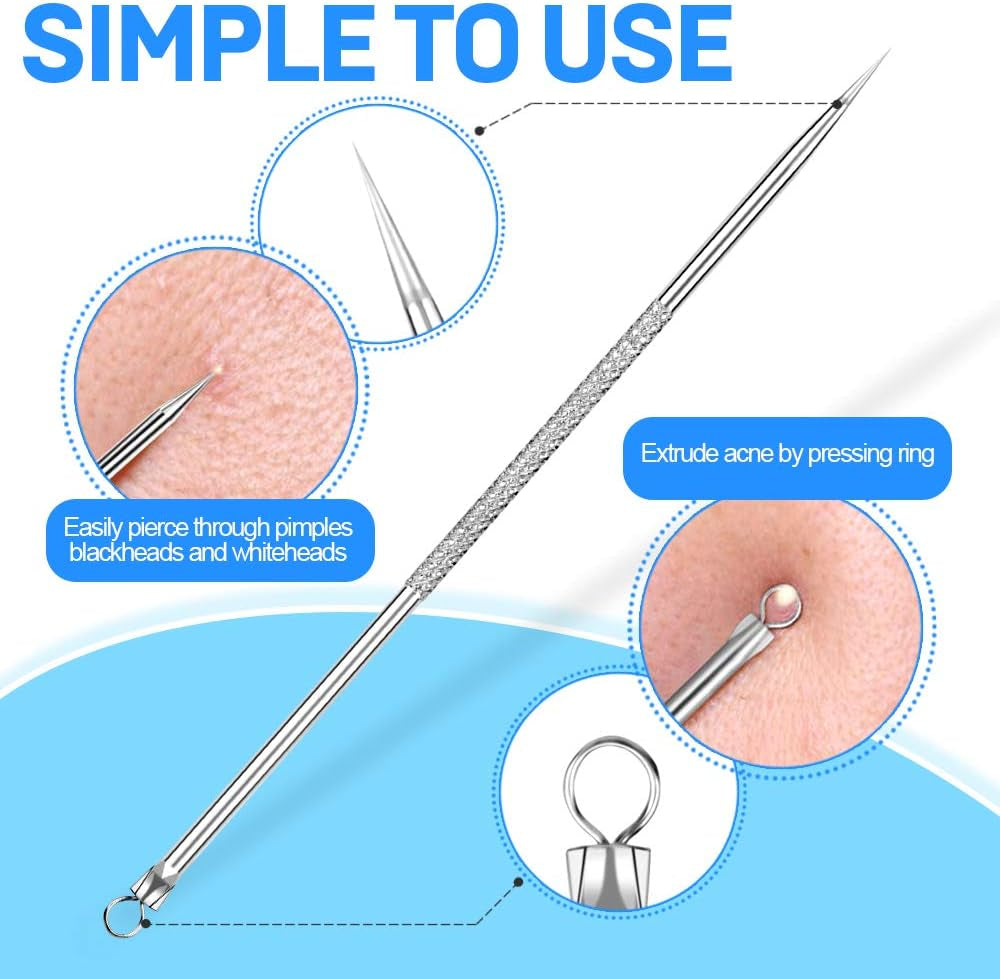 Pimple Extractor Acne Treatment Tool Surgical Grade Blackhead Comedone Removal 2-In-1 Popper Tool for Face Nose Blackhead Extractor Tool Silver