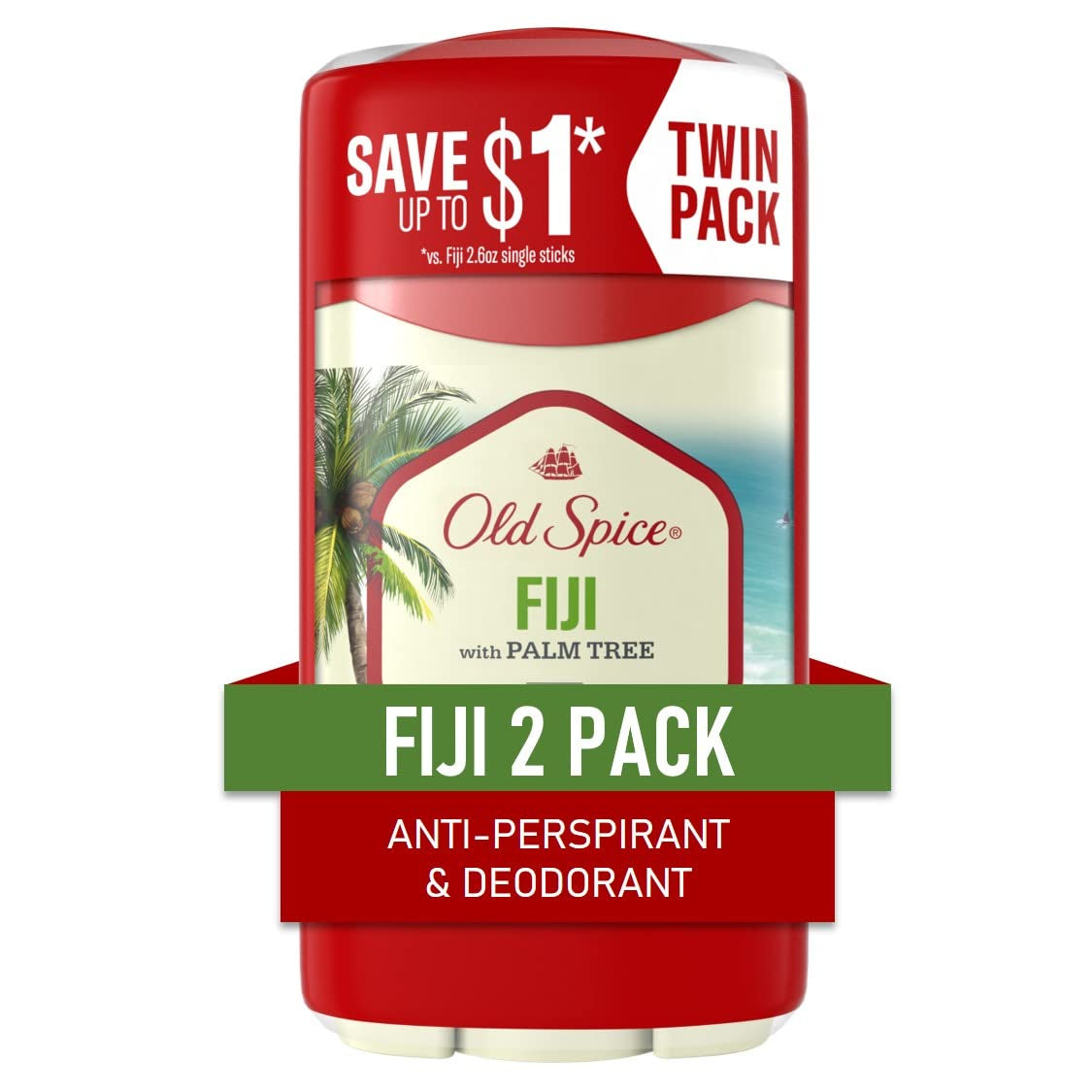 Antiperspirant Deodorant for Men, 24/7 Sweat and Odor Protection, Advanced Skin Conditioners, Fiji with Palm Tree Scent, Invisible Solid, 2.6 Oz (Pack of 2)