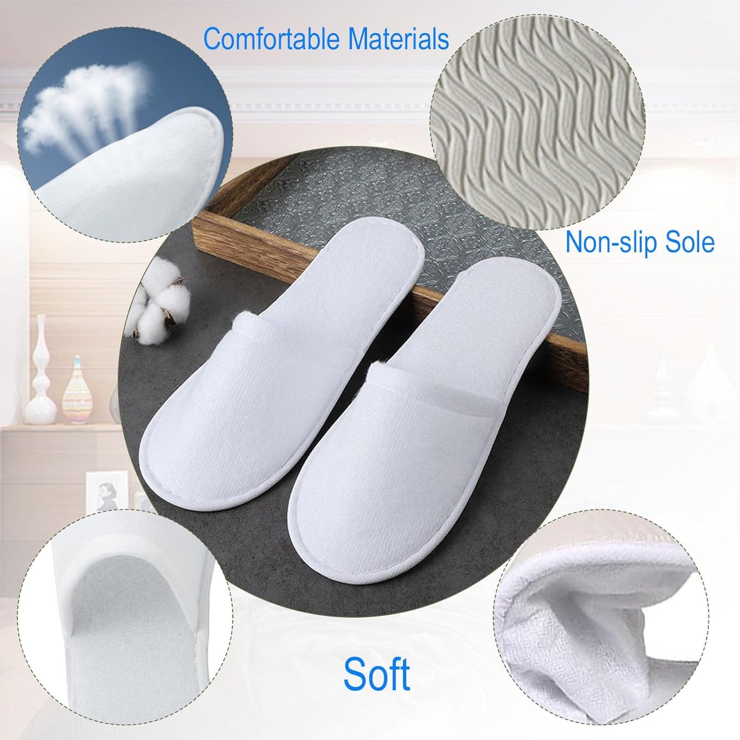 30 Pairs 10.5 Inch Disposable Slippers for Guests, White Spa Slippers Bulk House Slippers Non Slip Closed Toe Travel Slippers for Hotel Guests Women Men, Medium