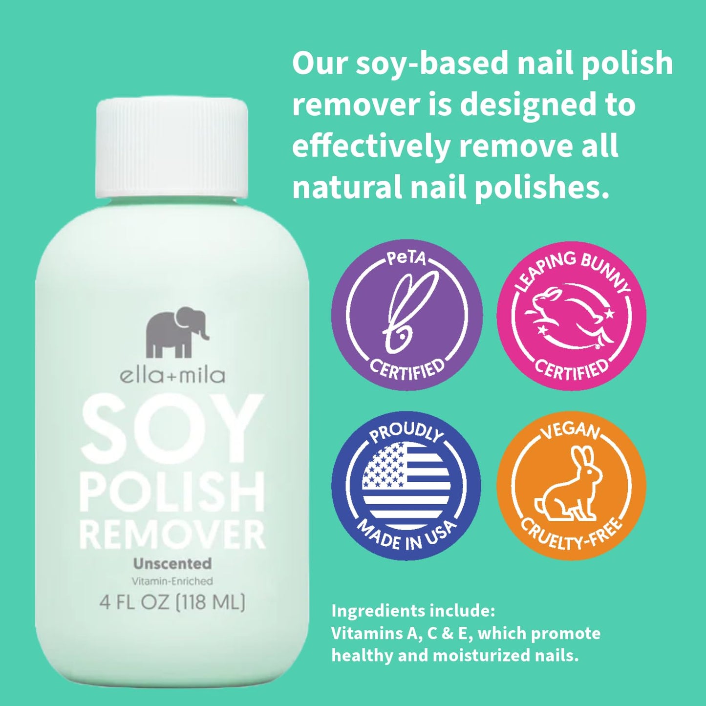 Soy Nail Polish Remover Non-Acetone Nail Polish Remover - Non-Toxic Fingernail Polish Remover - for Natural Nail Polishes - Unscented & Enriched with Vitamins A, C & E(4 Fl Oz) Teal