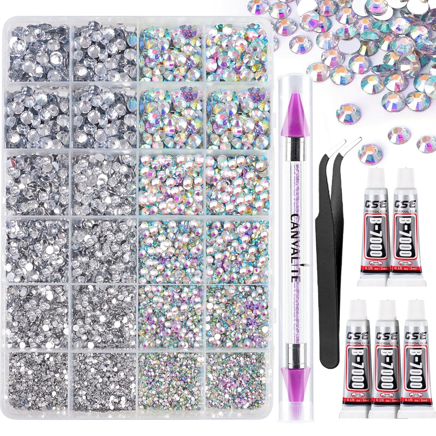 2784PCS Rhinestones Crystal AB Rhinestones for Nail with 5Pcs 3Ml B7000 Jewelry Glue and Pick up Tweezers and Nail Rhinestone Picker, Nail Art Tools,Stocking Stuffers Gifts for Women