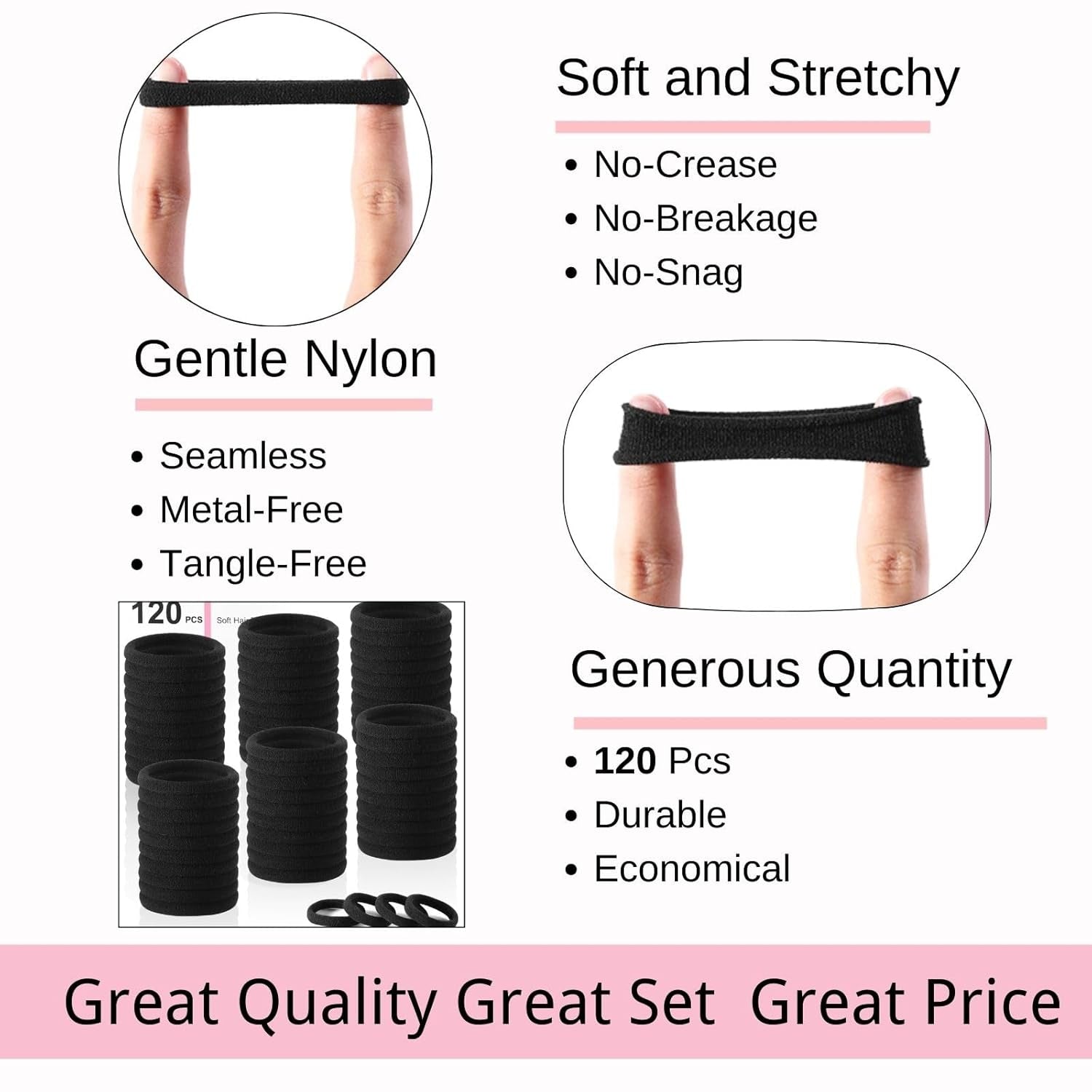 120 Pcs Black No Damage Hair Ties for Women Thick Hair, Large Soft Seamless Nylon Cloth Fabric Elastic Hair Ties Ponytail Holders Hair Elastics Hair Band,Perfect Valentine'S Day Gift for Women